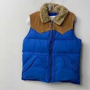 Men's Blue and Brown Sherpa Collar Vest